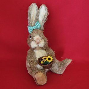 Sisal Bunny Rabbit Holding a Basket of Sunflowers Green Ribbon Decor Figure East